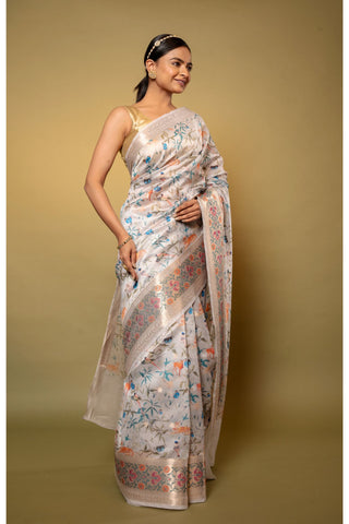 Grey Printed Silk Saree