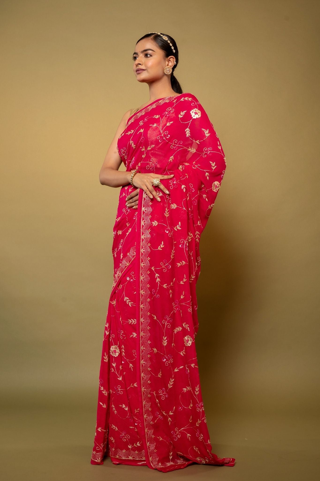 Red pure chiffon aari jaal handwork saree