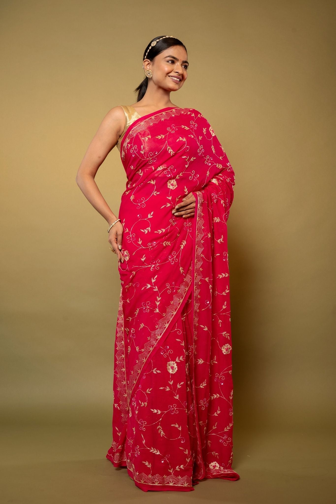 Red pure chiffon aari jaal handwork saree