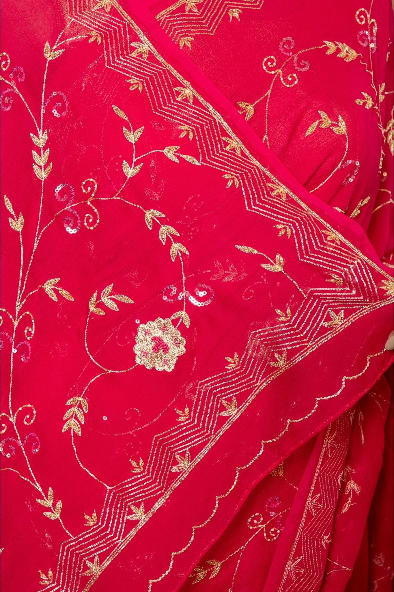 Red pure chiffon aari jaal handwork saree