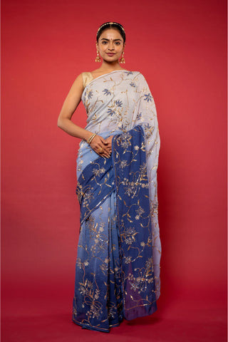 Blue Ombre Pure Chiffon Saree