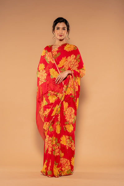 Printed Red Viscose Chiffon Saree