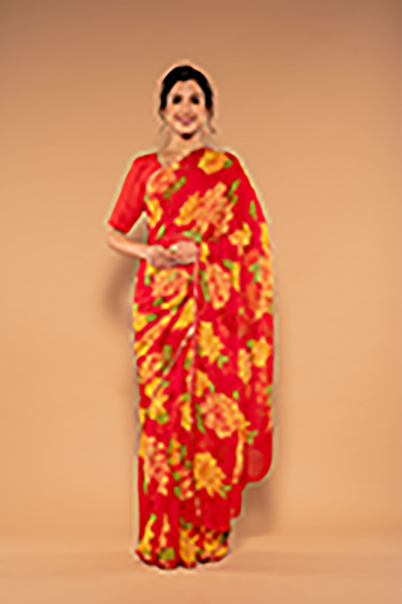 Printed Red Viscose Chiffon Saree