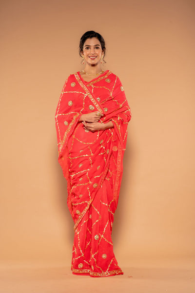 Sikhiya Gota Patti Jaal Gajri Pure Platinum Chiffon Saree