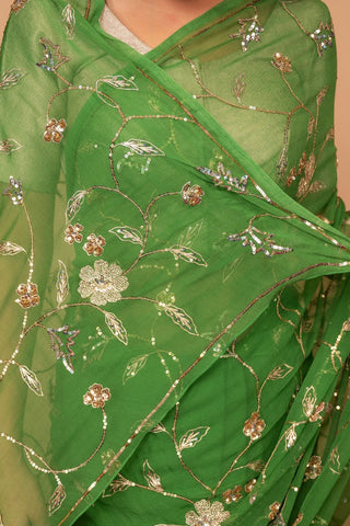 Viscose Chiffon Green Aari Siquin Butta Saree