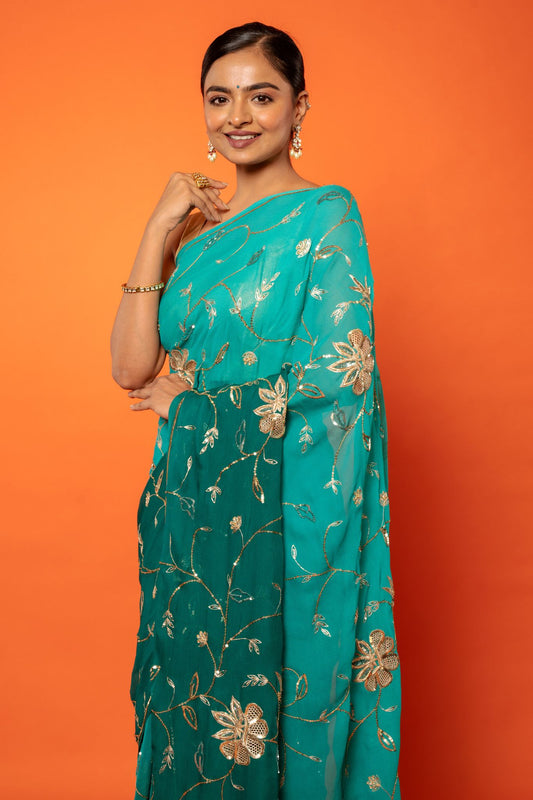 Teal Ombre Chiffon Saree