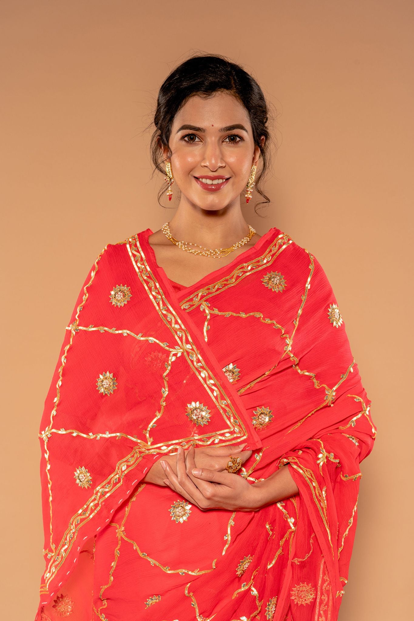 Sikhiya Gota Patti Jaal Gajri Pure Platinum Chiffon Saree