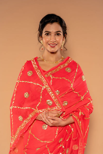 Sikhiya Gota Patti Jaal Gajri Pure Platinum Chiffon Saree