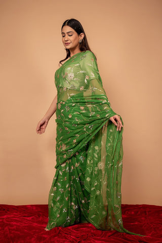 Viscose Chiffon Green Aari Siquin Butta Saree