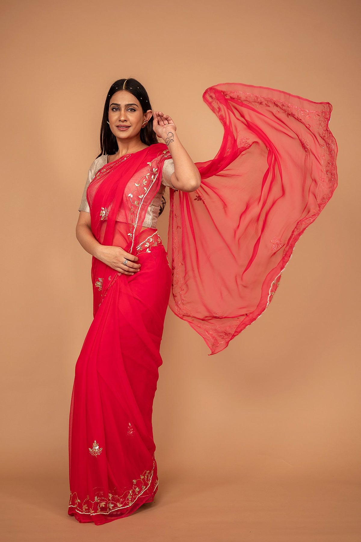 Red Viscose Chiffon Kardhana Border Work Saree