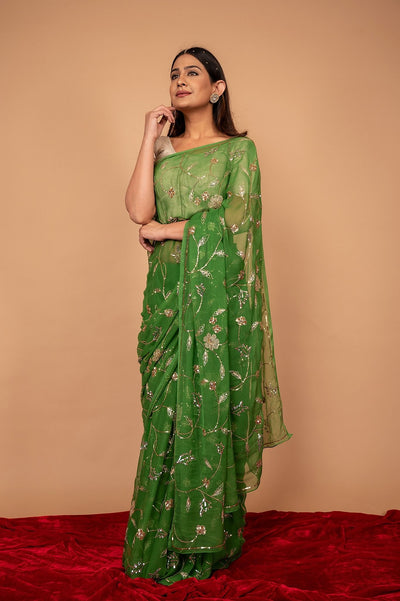 Viscose Chiffon Green Aari Siquin Butta Saree