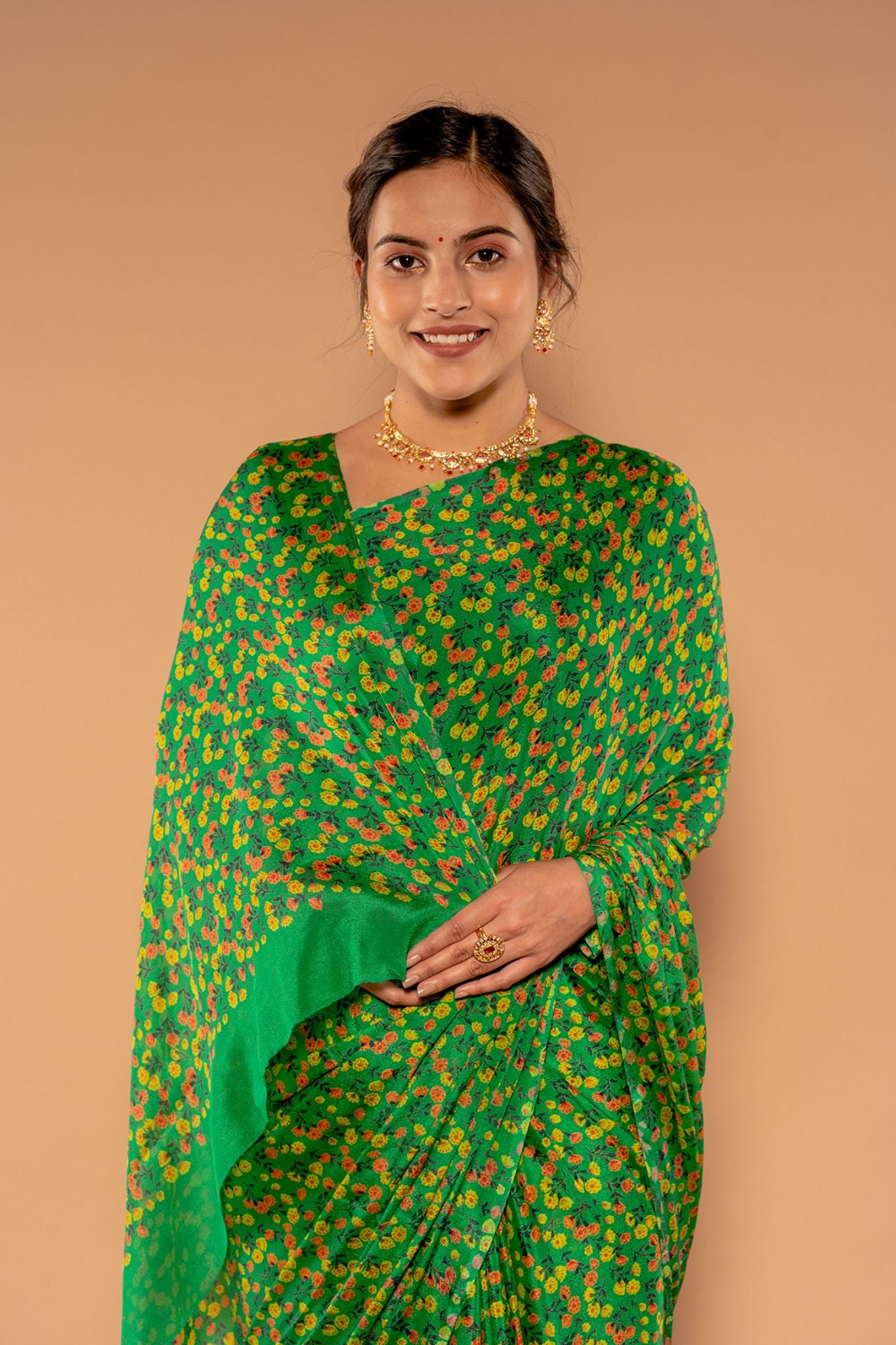 Printed Green Viscose Chiffon Saree