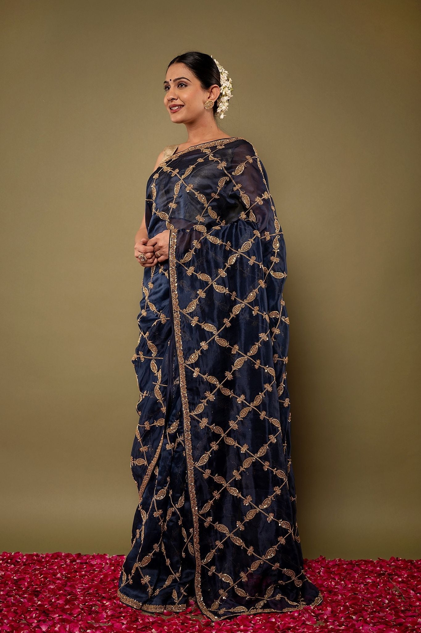 Blue pure organza Dori Dapka sequins  jaal handwork saree
