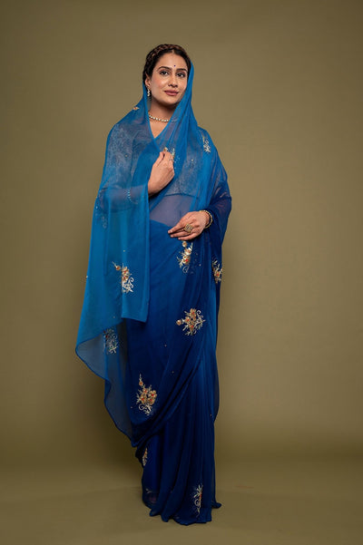 Viscose Chiffon Blue Butta Siquins Saree