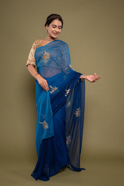 Viscose Chiffon Blue Butta Siqine Saree