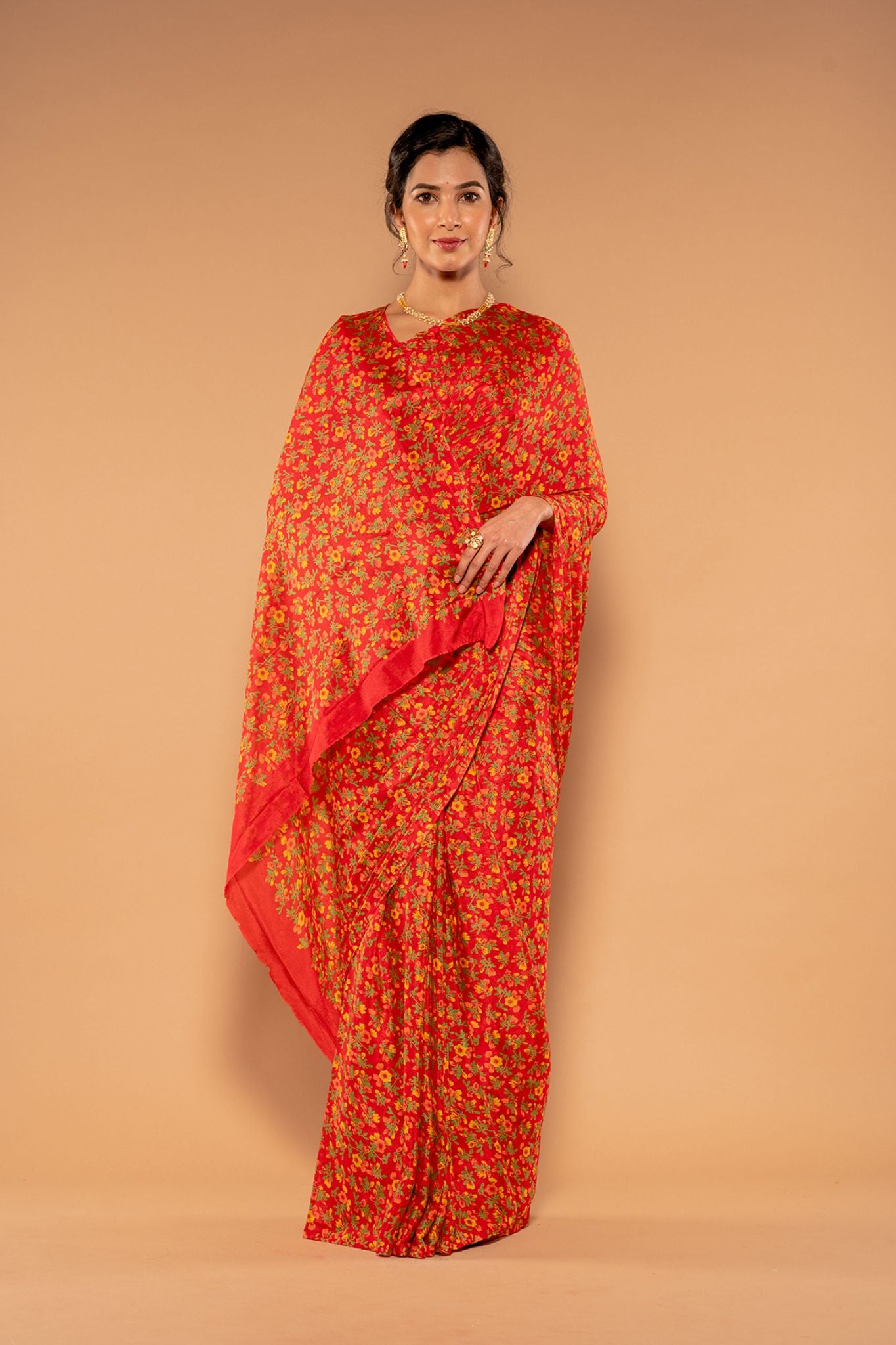 Printed Red Viscose Chiffon Saree