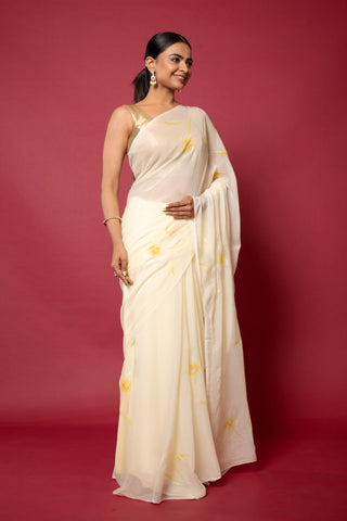 Ivory Handpainted Viscose Chiffon Saree