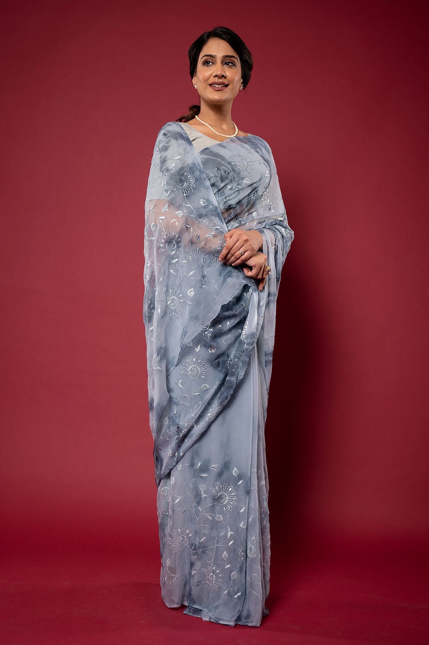 Viscose Chiffon Grey Saree