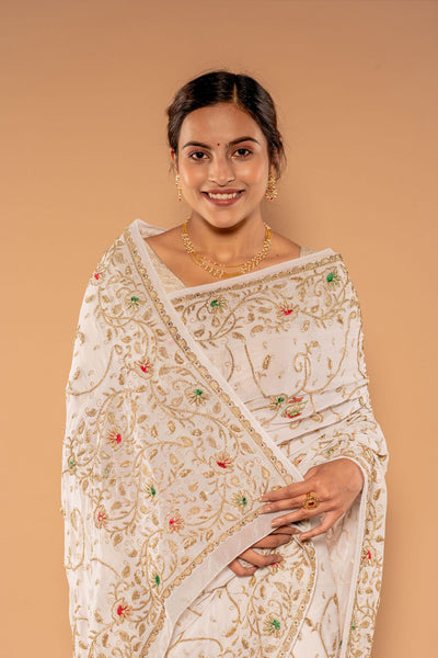 Aari Resham & Zardosi White Saree