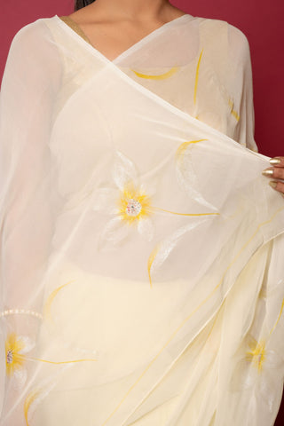 Ivory Handpainted Viscose Chiffon Saree