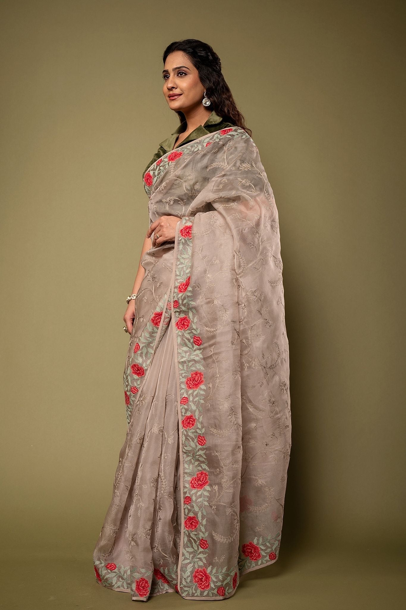 Grey Organza  resham border jaal handwork saree