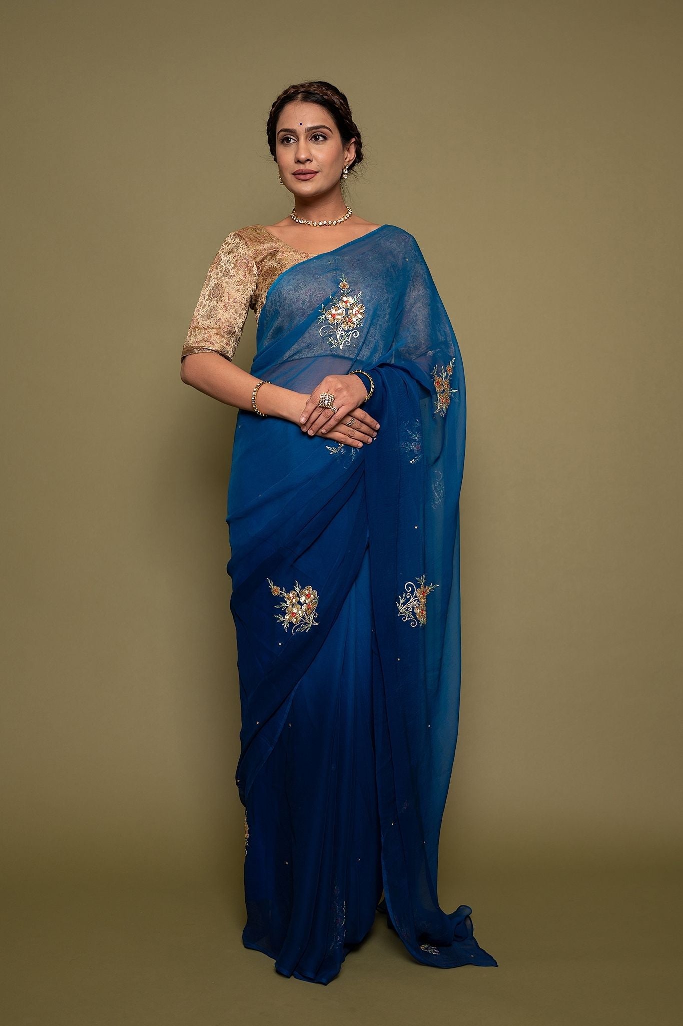 Viscose Chiffon Blue Butta Siquins Saree