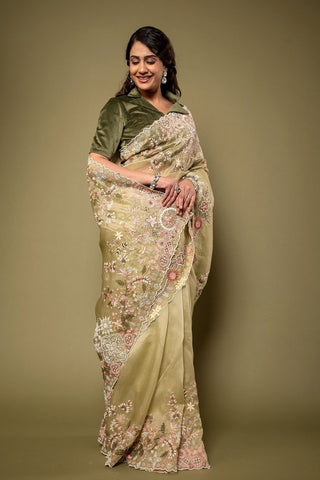 Pure Organza Resham Pearl Work Saree