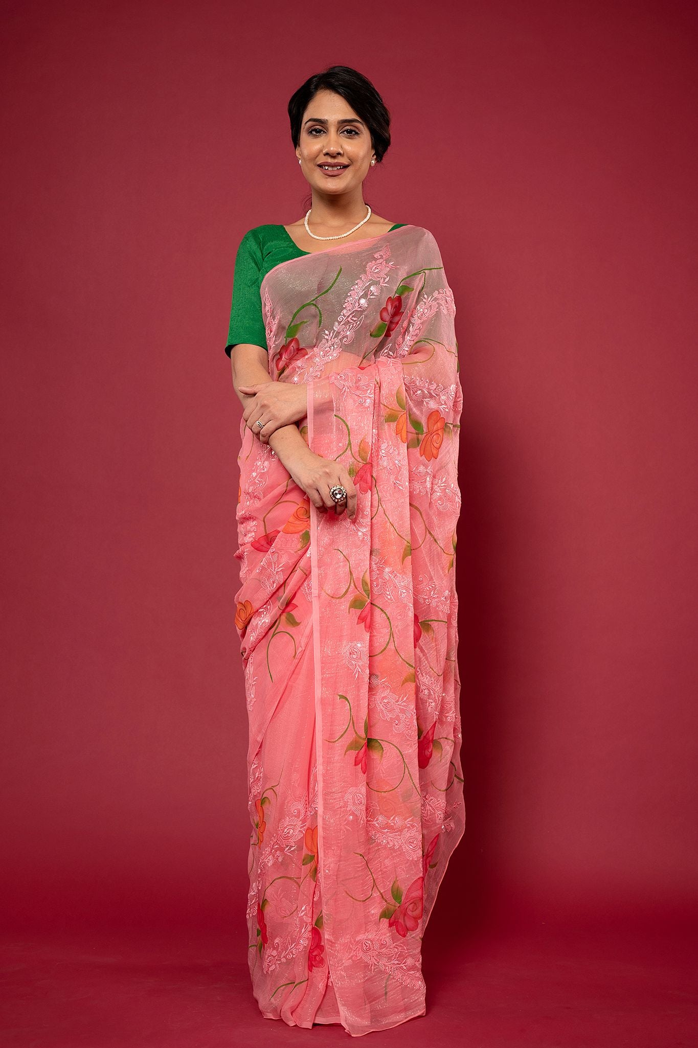 Viscose Chiffon Shimmer Brush Work Saree