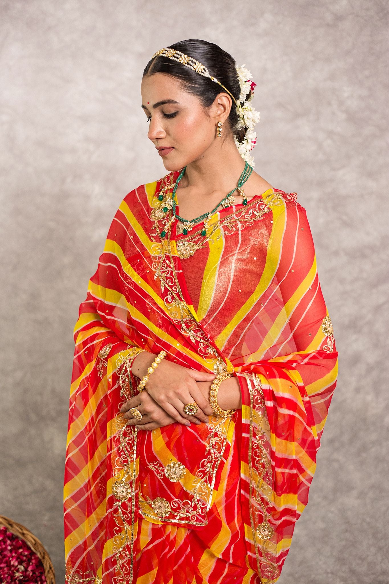 Orange lehariya Pure Georgette 20 Gsm aari sequins  border butti handwork traditional wear saree