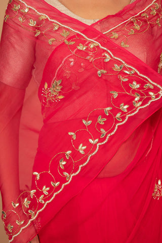 Red Viscose Chiffon Kardhana Border Work Saree