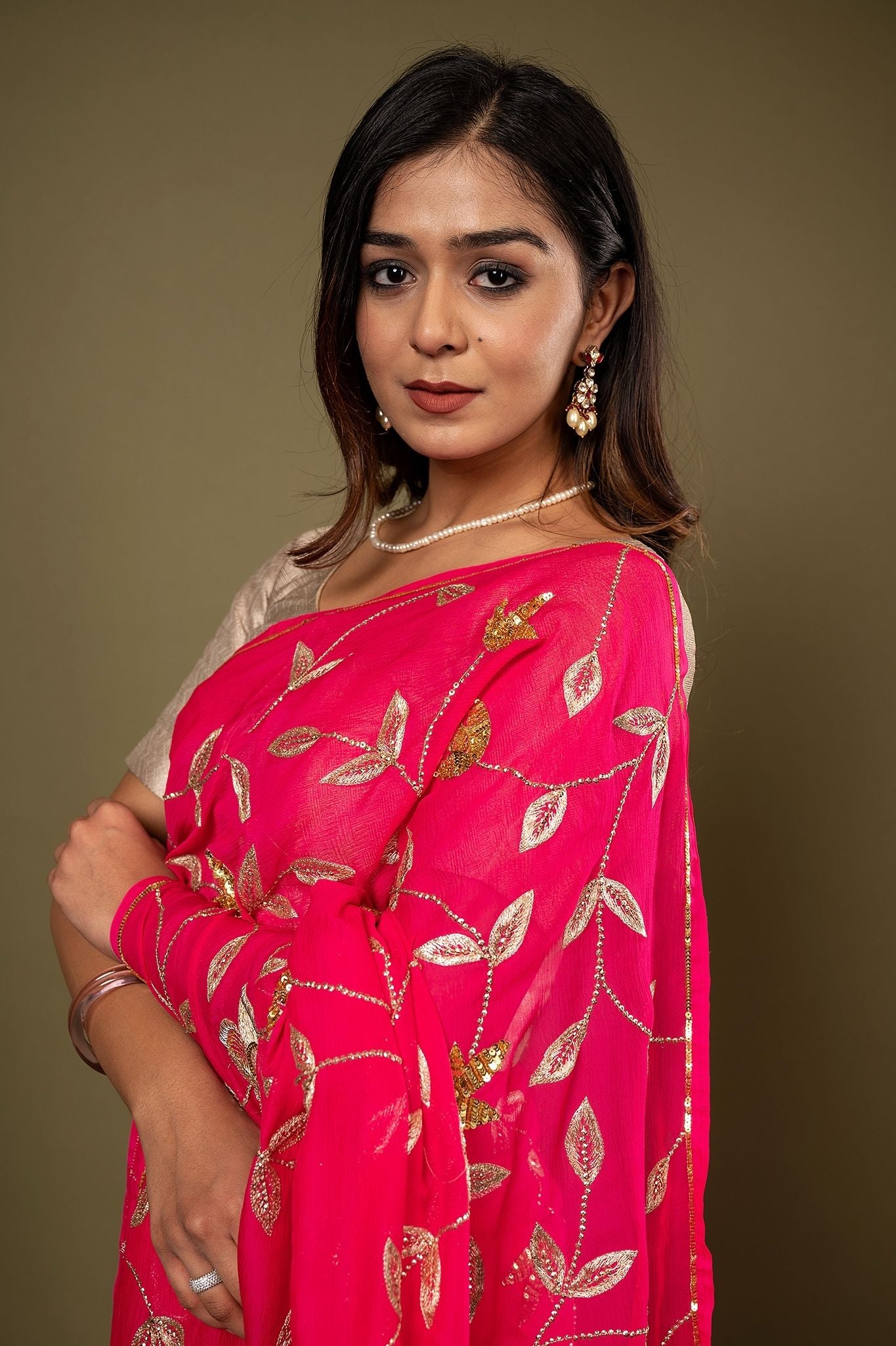 Rani pure chiffon aari sequins jaal handwork saree