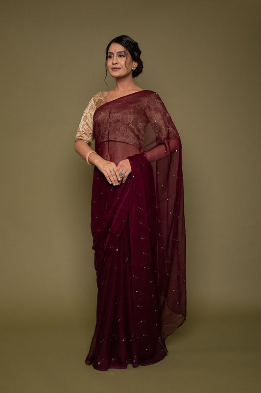 Viscose Chiffon Wine Mukesh Tikki Saree