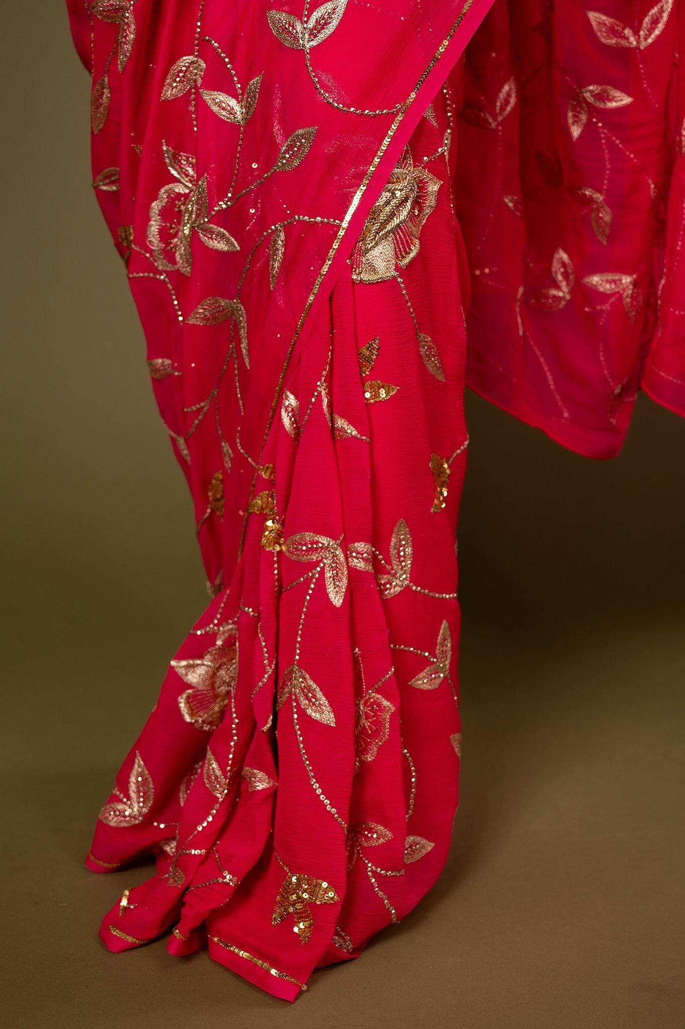 Rani pure chiffon aari sequins jaal handwork saree