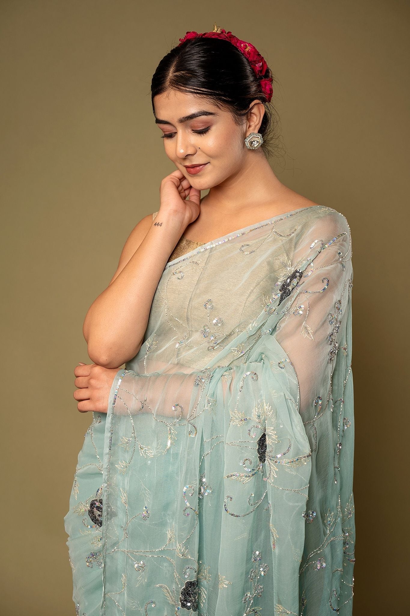 Sky Blue Viscose Chiffon Aari sequins  Jaal handwork party wear Saree