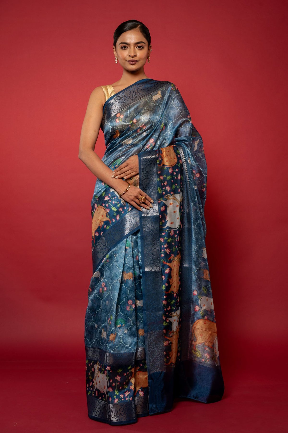 Blue Pichwai Printed Silk Saree