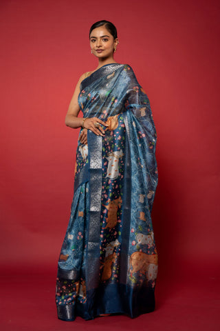 Blue Pichwai Printed Silk Saree