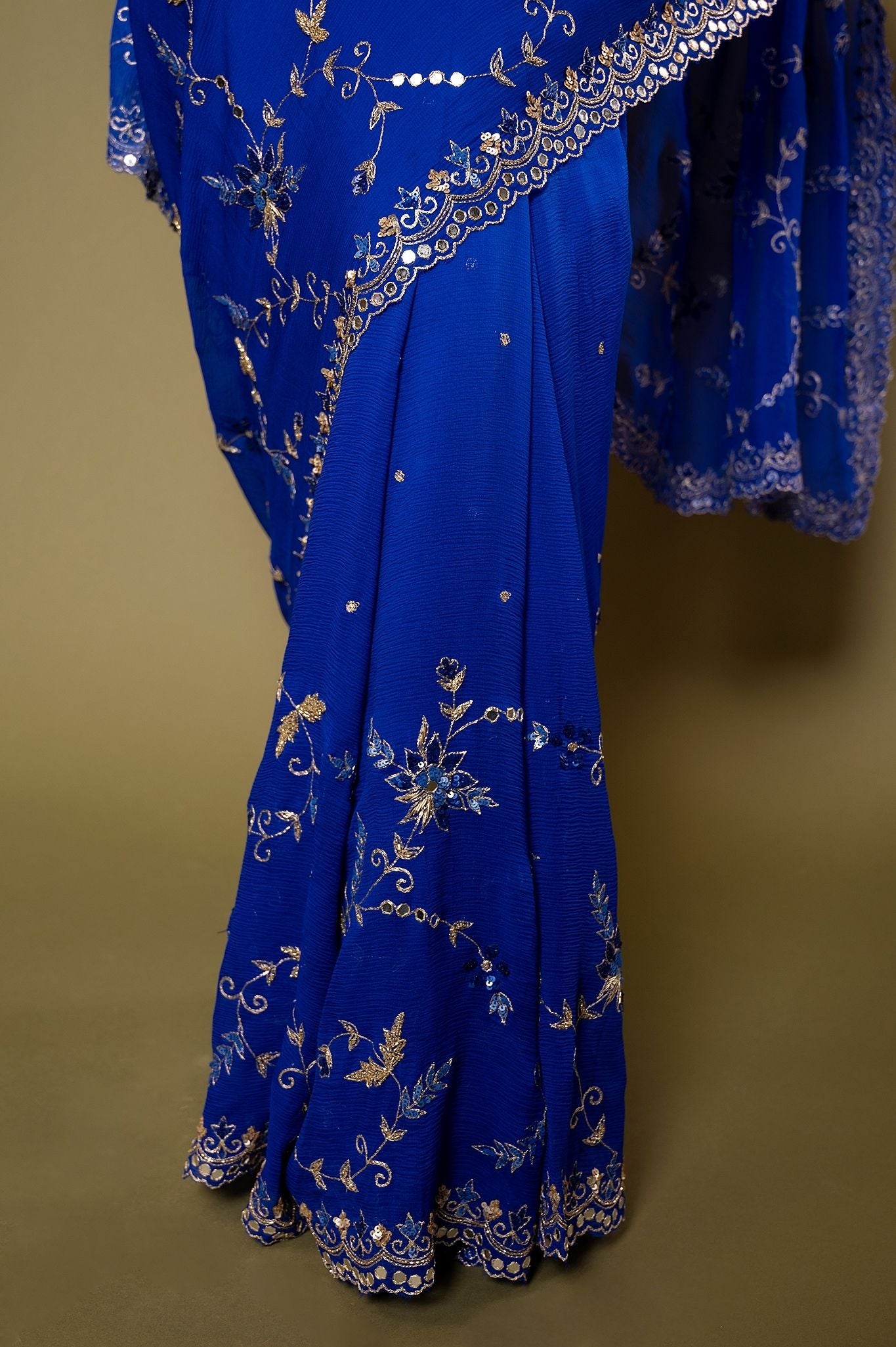 Royal Blue Viscose Chiffon Aari sequins  border jaal handwork party wear Saree