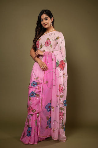 Pure Chiffon Handpainted Siquin Work Saree