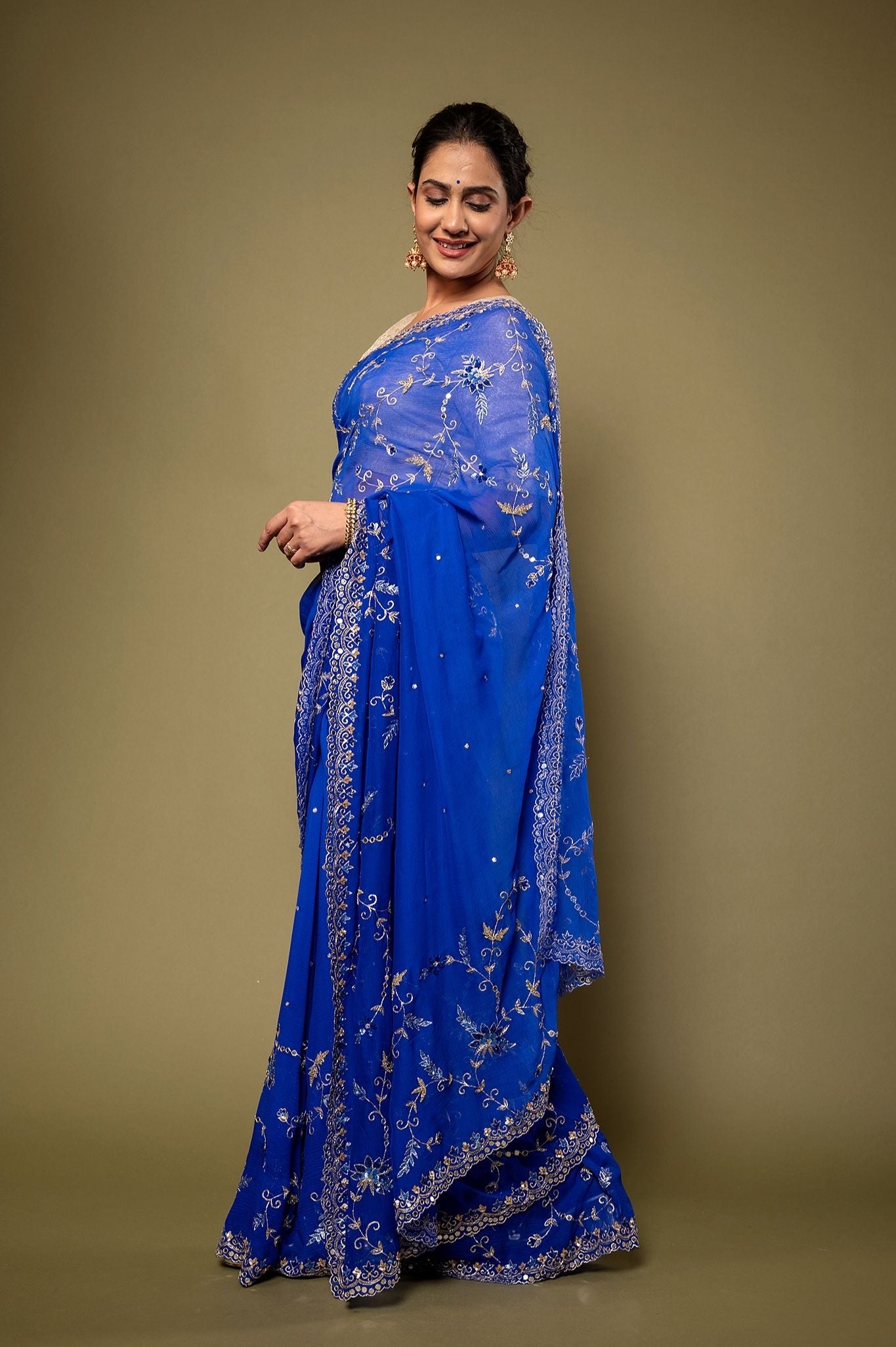 Royal Blue Viscose Chiffon Aari sequins  border jaal handwork party wear Saree