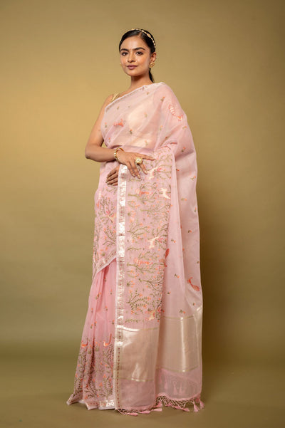 Warli Pink Embroidered Organza Saree