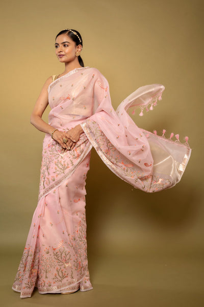Warli Pink Embroidered Organza Saree