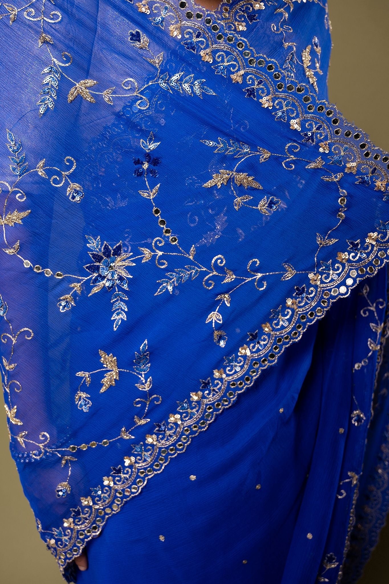 Royal Blue Viscose Chiffon Aari sequins  border jaal handwork party wear Saree