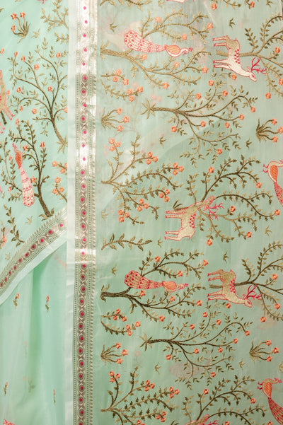 Warli Mint Embroidered Organza Saree