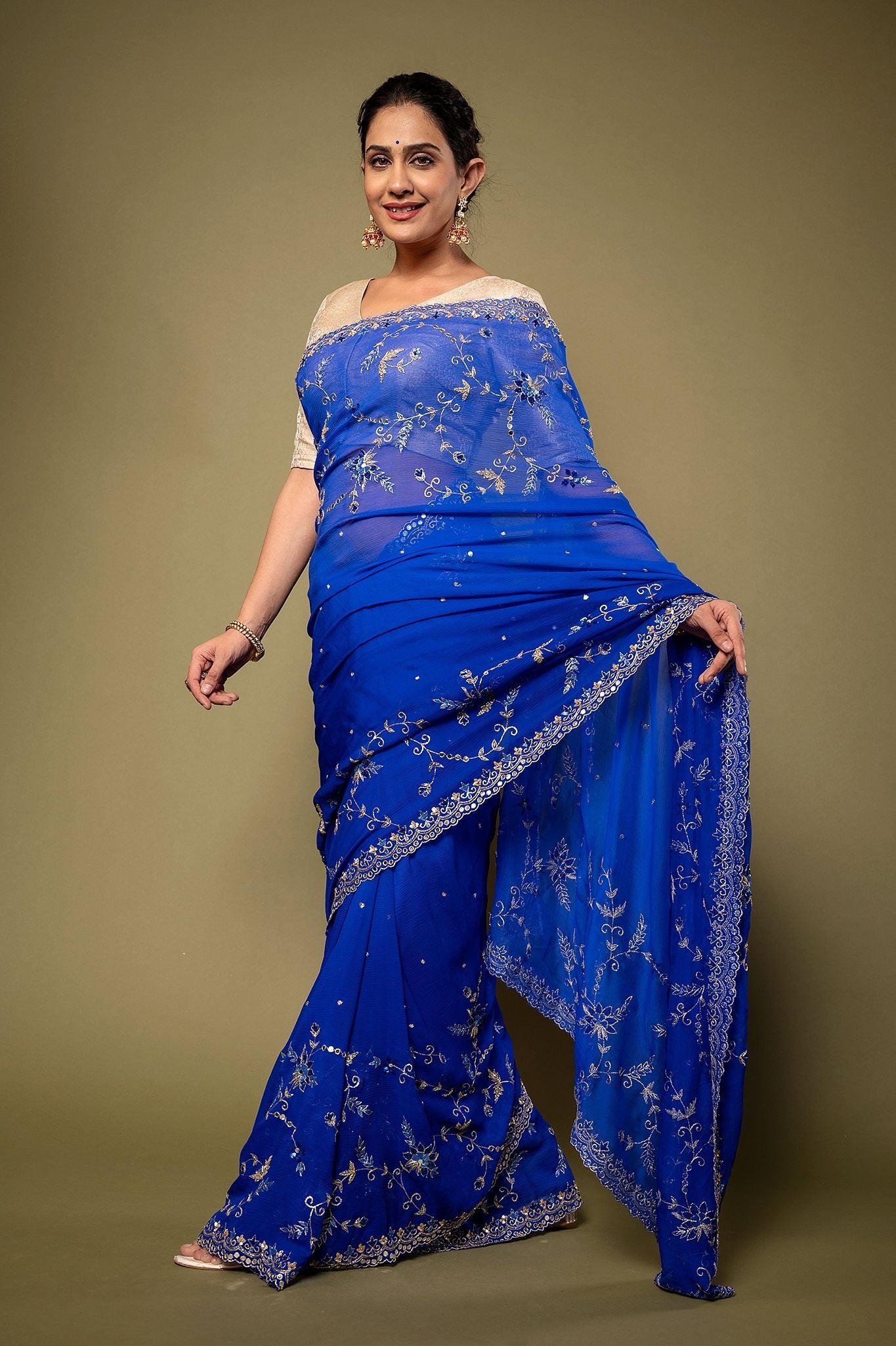 Royal Blue Viscose Chiffon Aari sequins  border jaal handwork party wear Saree