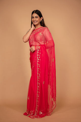 Red Viscose Chiffon Kardhana Border Work Saree