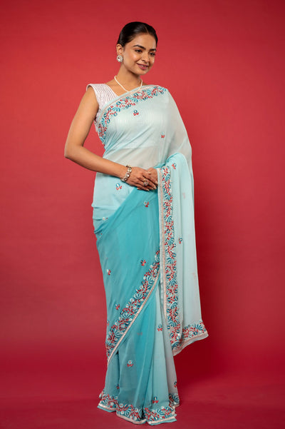 Two Tone Sky Pure Chiffon Saree