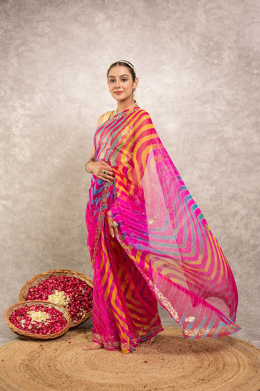 Multi coloured Pure Georgette Lehariya Saree