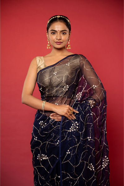 Blue Pearl Chiffon Saree