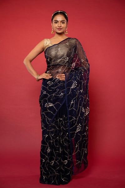Blue Pearl Chiffon Saree