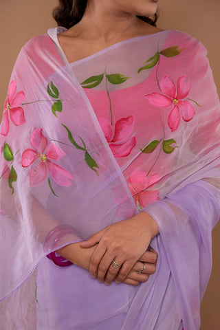 Viscose Chiffon Lavender Handpainted Saree